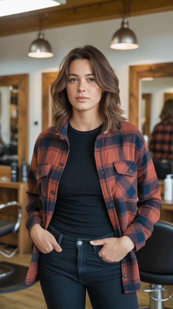 28 Cozy Hairstylist Outfits for Work in Fall 6 Plaid Shirt Over Solid Tee