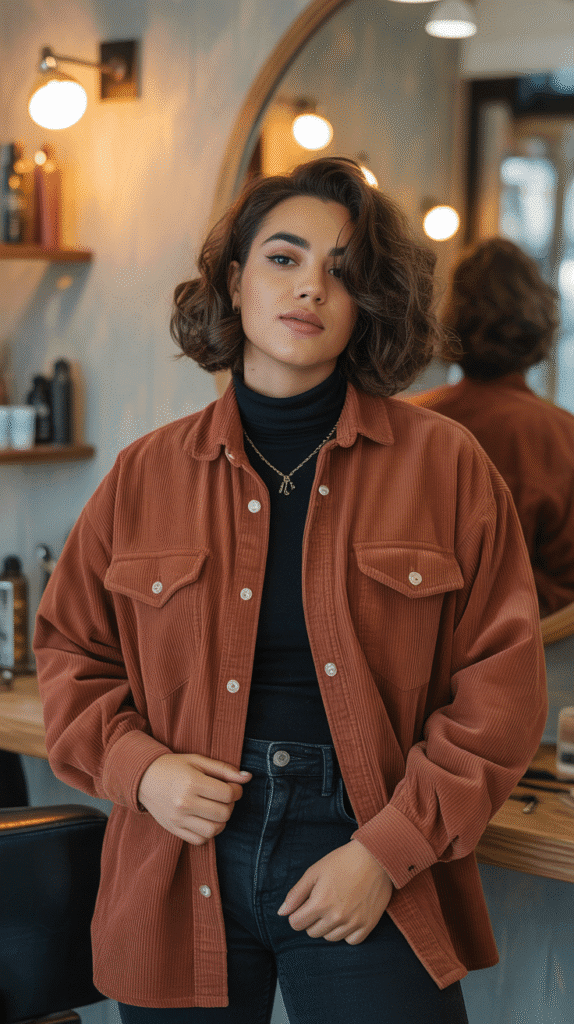 28 Cozy Hairstylist Outfits for Work in Fall 25 Rust-Colored Corduroy Shirt with Turtleneck