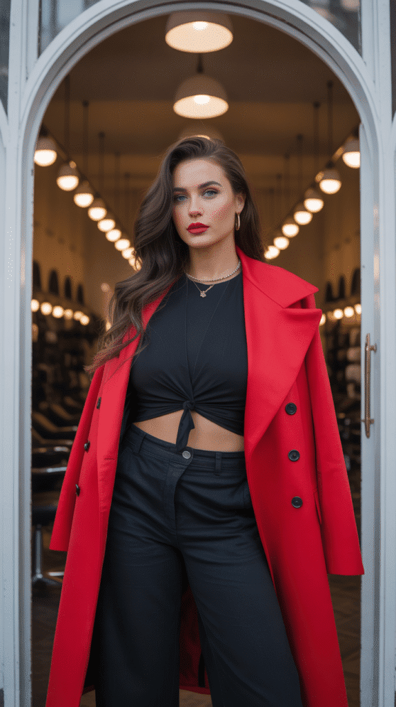 27 Stylish Hairstylist Outfits for Work in Winter 8 All-Black Ensemble with Statement Coat