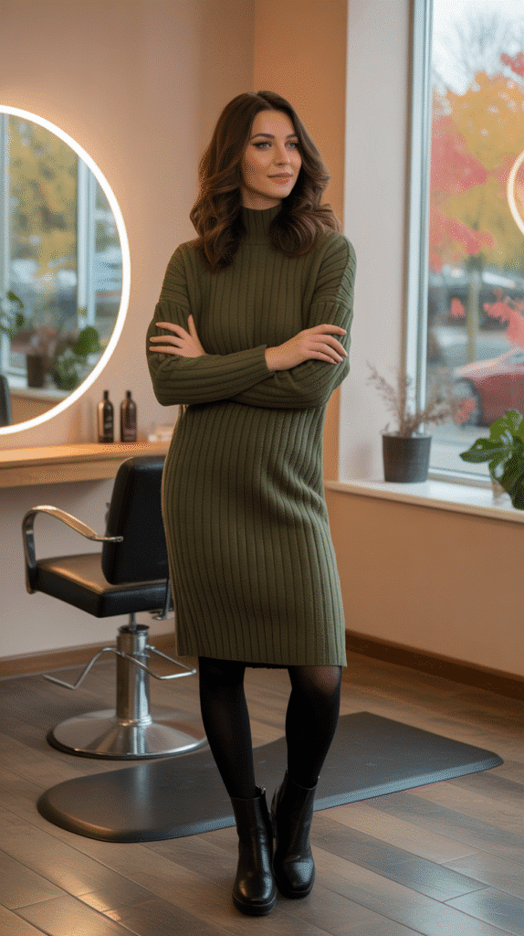 28 Cozy Hairstylist Outfits for Work in Fall 21 Olive Green Sweater Dress with Tights