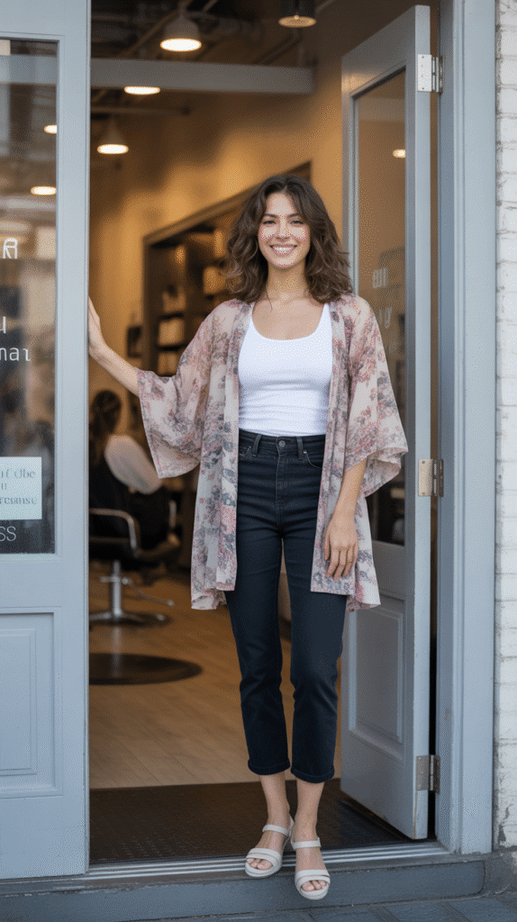 34 Breezy Summer Hairstylist Outfits for Work 20 Cropped Straight-Leg Pants with Tank and Kimono