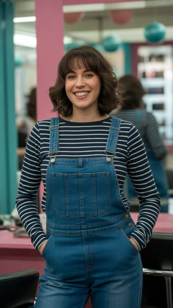 30 Casual Hairstylist Outfits for Work 10 Overalls with Striped Long-Sleeve Shirt