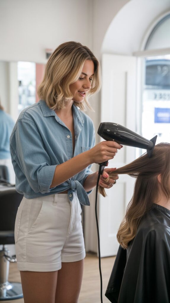 33 Chic Hairstylist Outfits for Work This Summer 21 Chambray Shirt with White Shorts