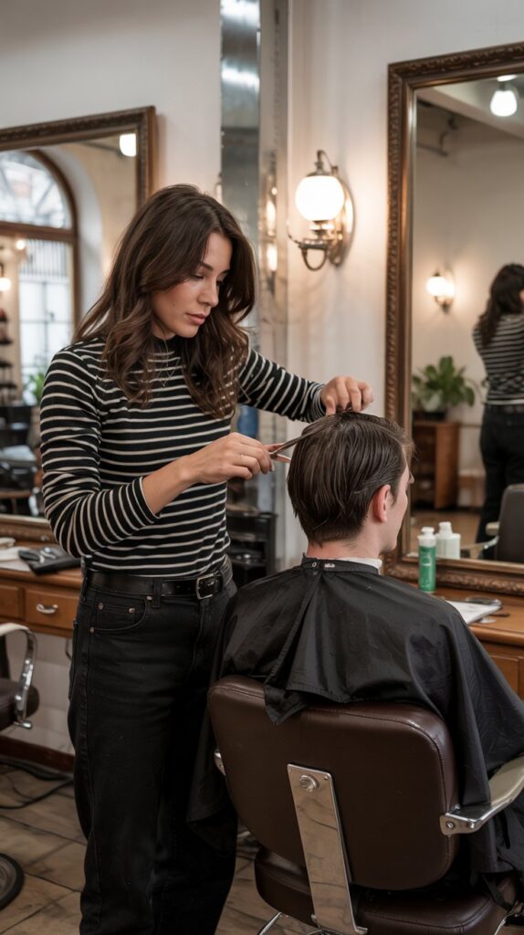 29 Professional Hairstylist Work Outfits for Women 15 Striped Shirt for Classic Appeal