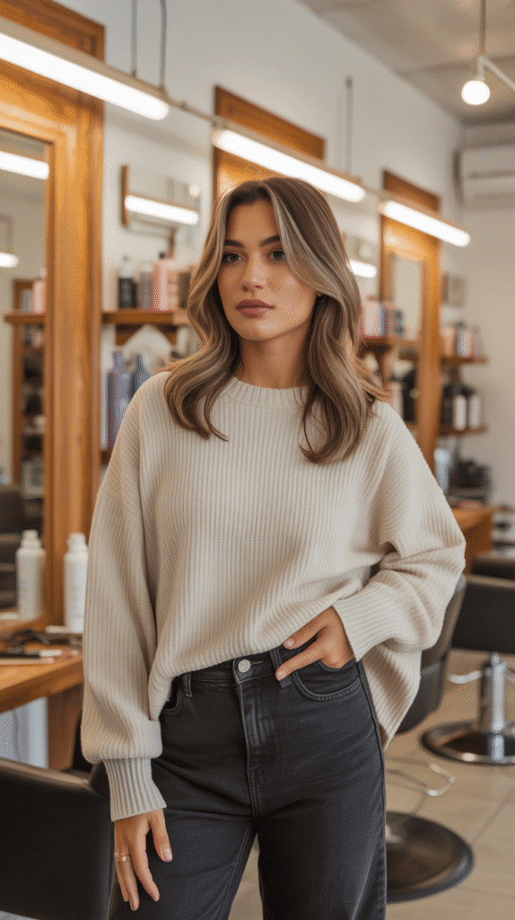 27 Stylish Hairstylist Outfits for Work in Winter 2 Oversized Sweater with High-Waisted Jeans