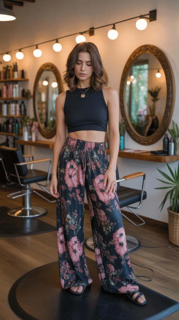 27 Everyday Hairstylist Work Outfits 14 Palazzo Pants with Crop Top