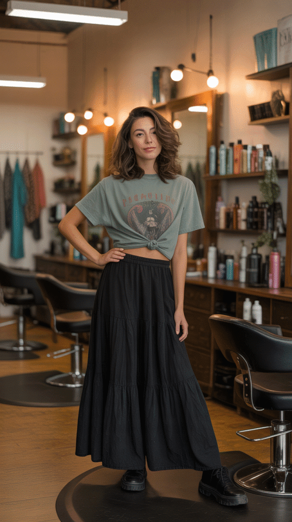 27 Everyday Hairstylist Work Outfits 22 Maxi Skirt with Tucked Graphic Tee