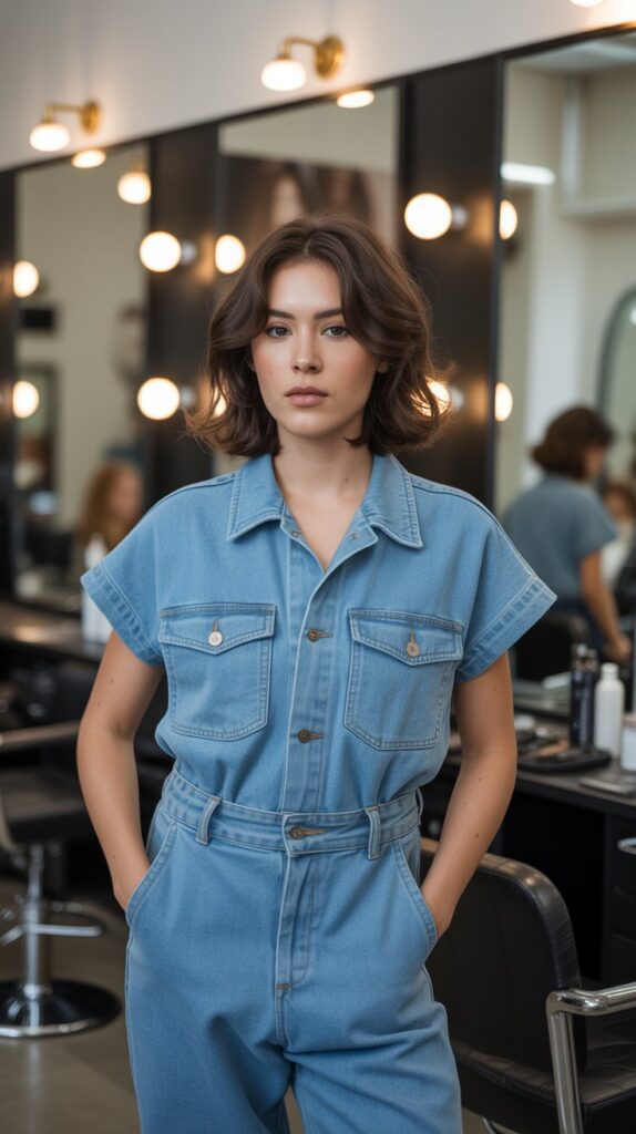 33 Chic Hairstylist Outfits for Work This Summer 5 Denim Jumpsuit with Short Sleeves
