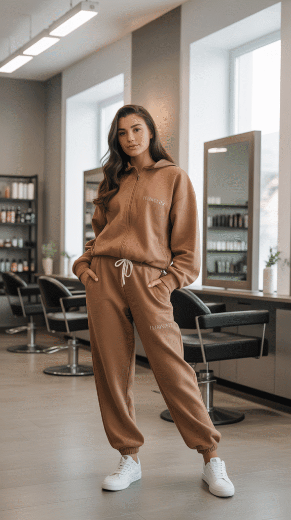 27 Stylish Hairstylist Outfits for Work in Winter 4 Monochrome Jogger Set