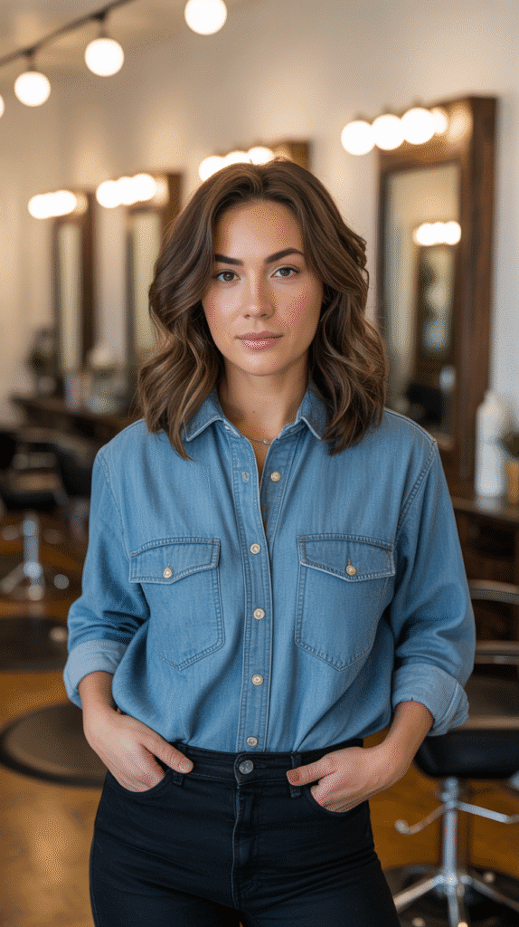 27 Everyday Hairstylist Work Outfits 18 Chambray Shirt with Black Jeans