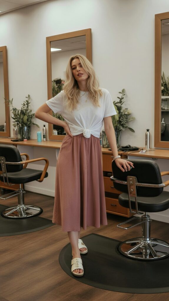 33 Fresh Hairstylist Outfits for Work in Spring 19 Midi Skirt with Tucked-in Tee