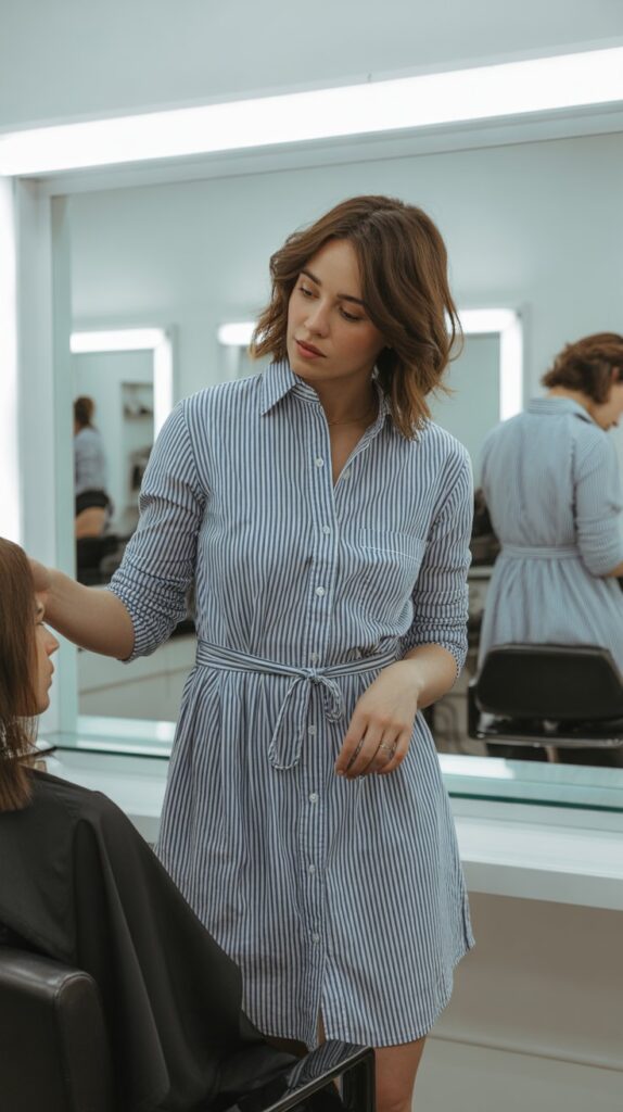 33 Chic Hairstylist Outfits for Work This Summer 7 Striped Button-Down Dress