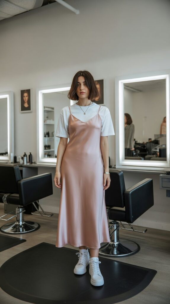 33 Fresh Hairstylist Outfits for Work in Spring 22 Slip Dress with T-Shirt Underneath