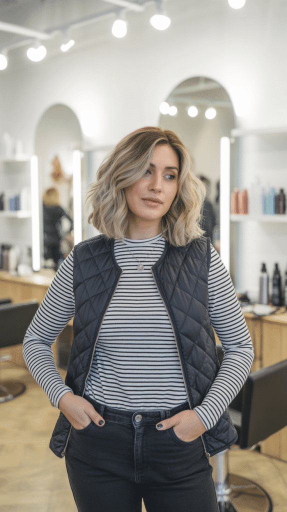 28 Cozy Hairstylist Outfits for Work in Fall 22 Striped Long-Sleeve Tee with Vest