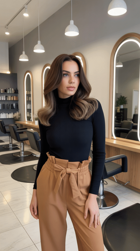 28 Cozy Hairstylist Outfits for Work in Fall 26 Black Mock Neck Bodysuit with Paperbag Pants