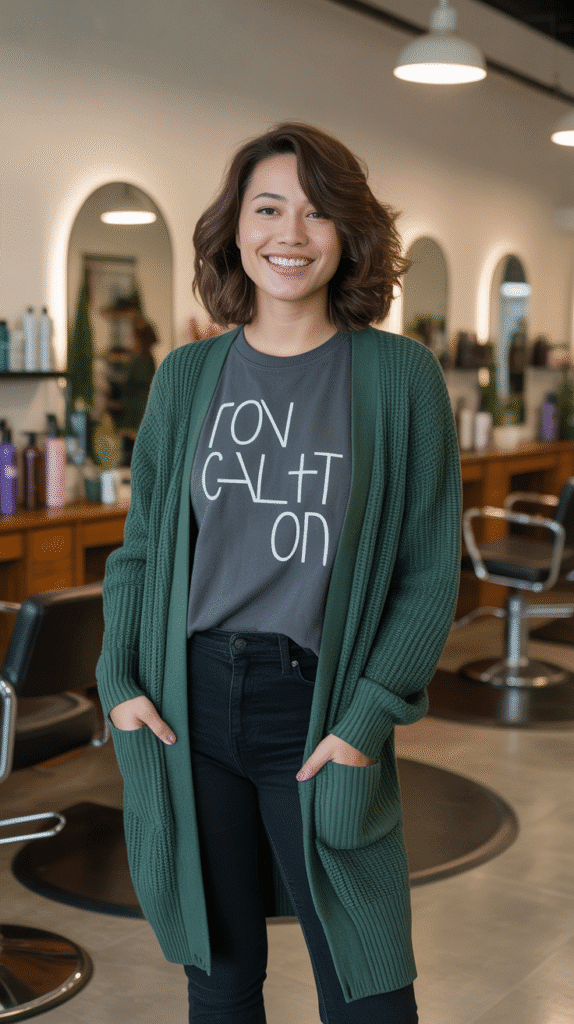 28 Cozy Hairstylist Outfits for Work in Fall 27 Forest Green Cardigan Over Graphic Tee