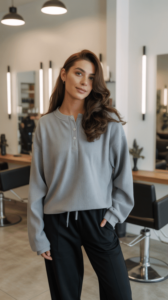28 Cozy Hairstylist Outfits for Work in Fall 24 Thermal Waffle Knit Henley with Joggers