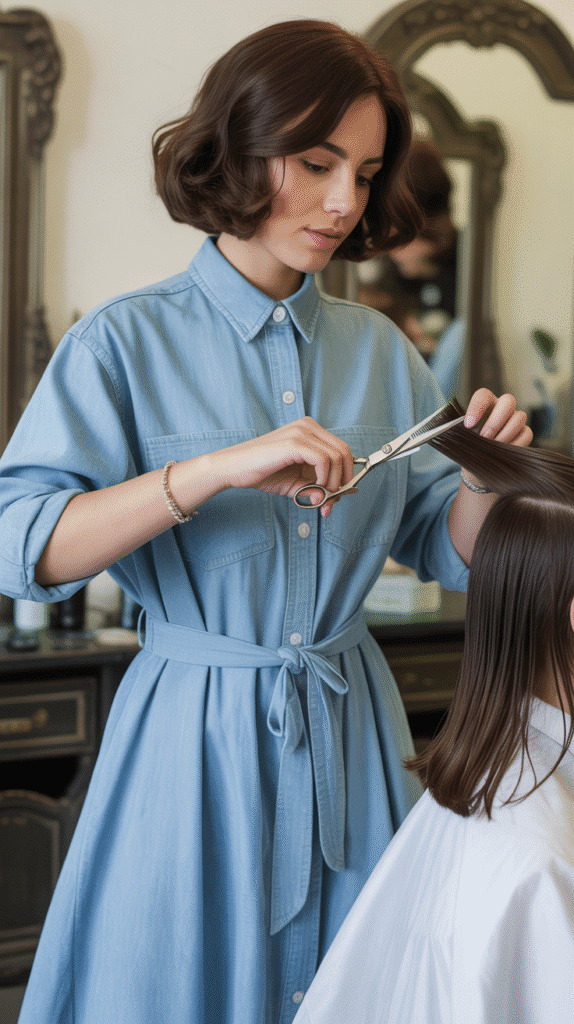 34 Breezy Summer Hairstylist Outfits for Work 19 Lightweight Chambray Shirt Dress