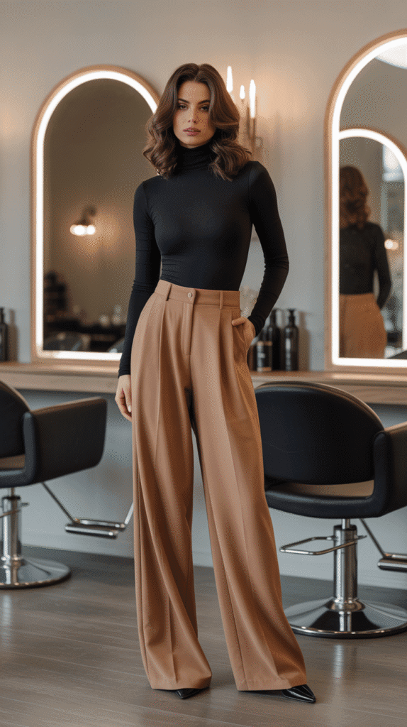 28 Cozy Hairstylist Outfits for Work in Fall 12 Black Turtleneck Bodysuit with Wide-Leg Trousers