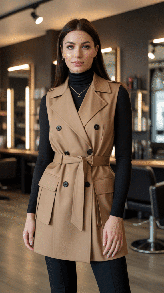28 Cozy Hairstylist Outfits for Work in Fall 8 Camel Trench Vest with Turtleneck