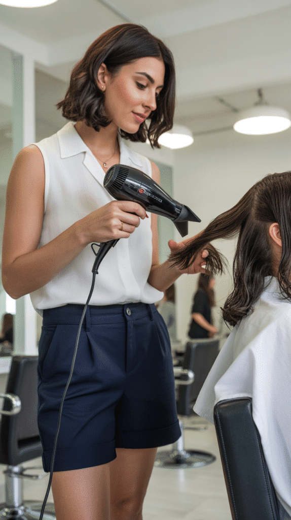 34 Breezy Summer Hairstylist Outfits for Work 9 Sleeveless Button-Down with Tailored Shorts