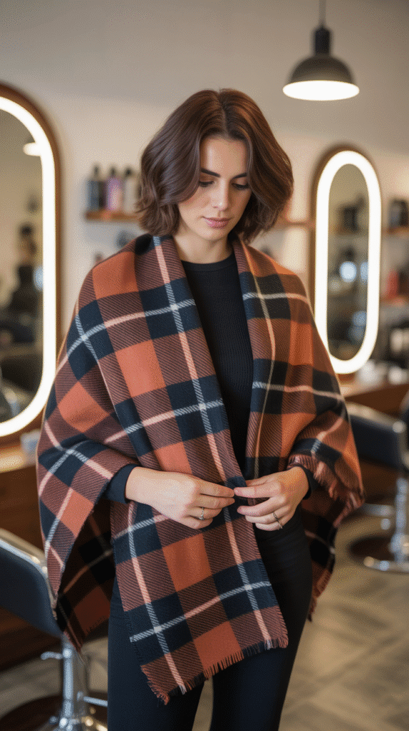 28 Cozy Hairstylist Outfits for Work in Fall 20 Plaid Scarf Over Monochrome Outfit
