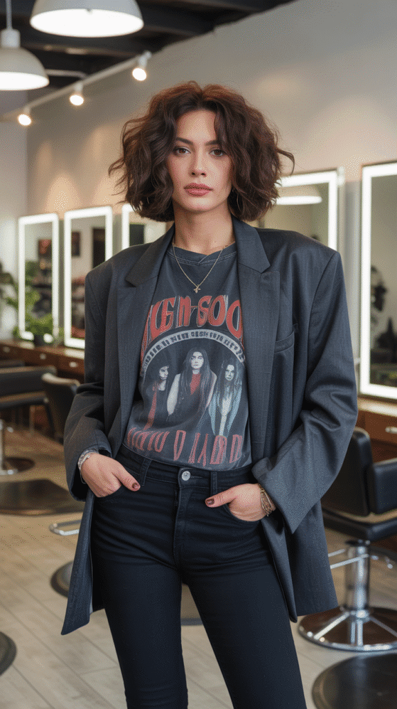 28 Cozy Hairstylist Outfits for Work in Fall 16 Oversized Blazer with Band Tee