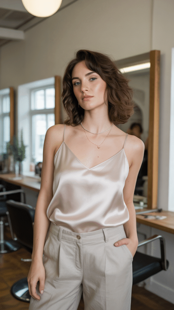 27 Everyday Hairstylist Work Outfits 21 Linen Blend Trousers with Silk Camisole