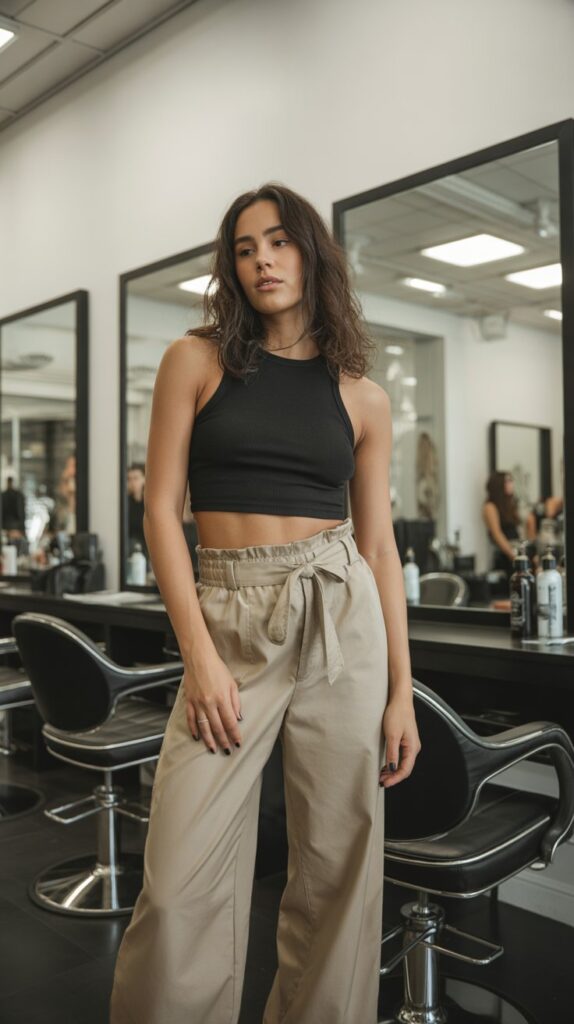 30 Casual Hairstylist Outfits for Work 23 Paperbag Waist Pants with Crop Top