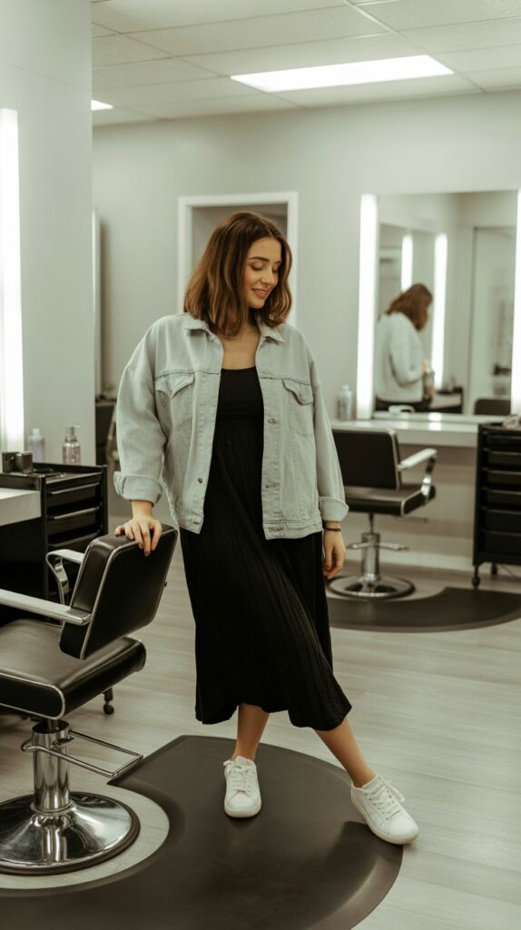 30 Casual Hairstylist Outfits for Work 27 Midi Dress with Sneakers and Denim Jacket
