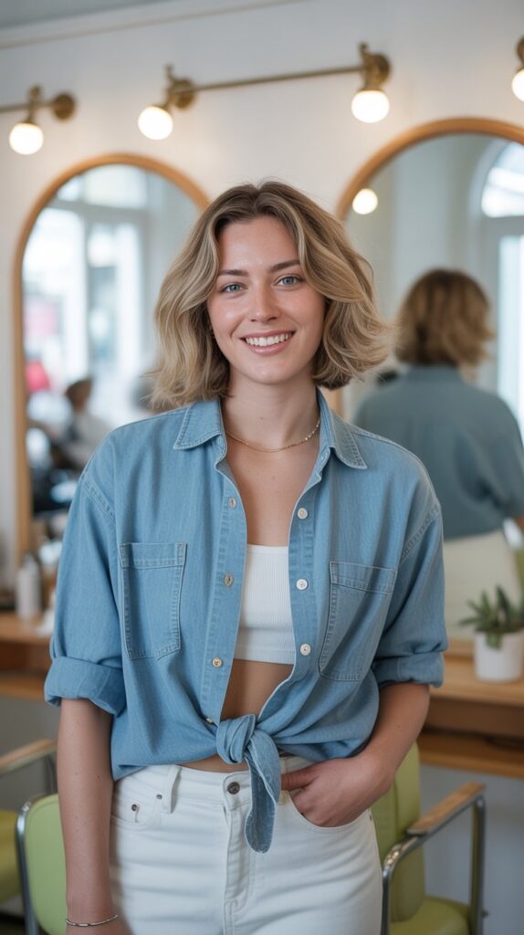 30 Casual Hairstylist Outfits for Work 21 Chambray Shirt with White Jeans