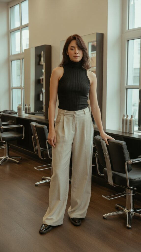 30 Casual Hairstylist Outfits for Work 25 Linen Pants with Sleeveless Turtleneck