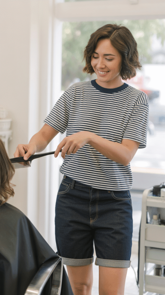 34 Breezy Summer Hairstylist Outfits for Work 13 Denim Bermuda Shorts with Striped Tee