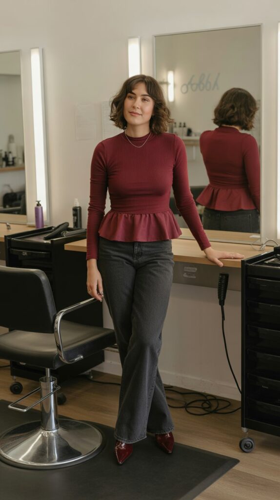 30 Casual Hairstylist Outfits for Work 17 Straight-Leg Jeans with Peplum Top