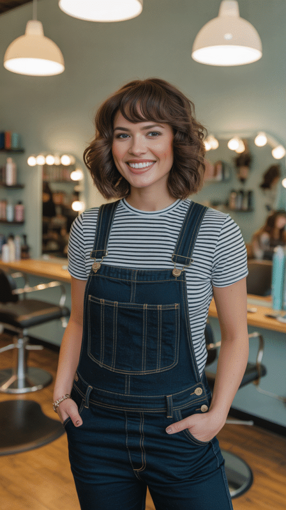 27 Everyday Hairstylist Work Outfits 25 Denim Overalls with Striped Tee