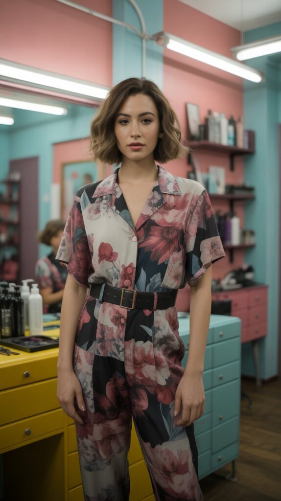 30 Casual Hairstylist Outfits for Work 29 Printed Jumpsuit with Belt