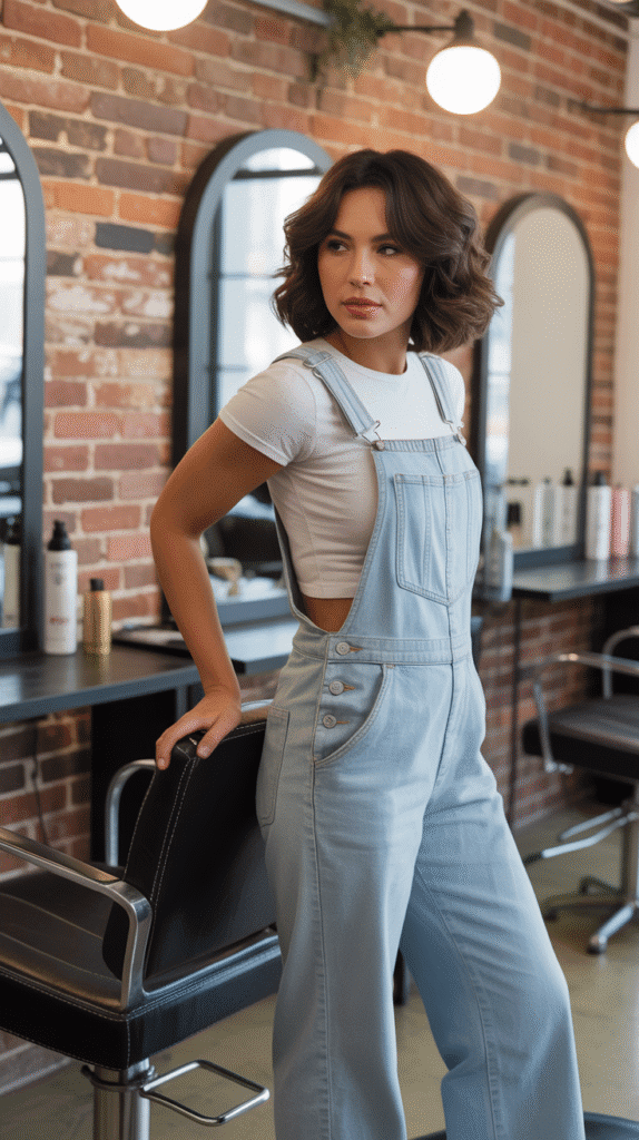 34 Breezy Summer Hairstylist Outfits for Work 11 Lightweight Overalls with Fitted Tee