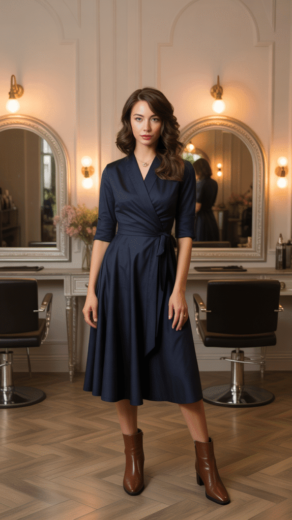 27 Everyday Hairstylist Work Outfits 19 Wrap Dress with Ankle Boots