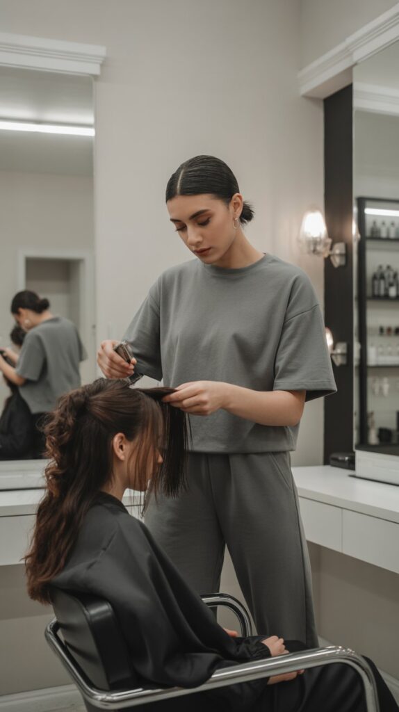 33 Chic Hairstylist Outfits for Work This Summer 3 Monochrome Athleisure Set