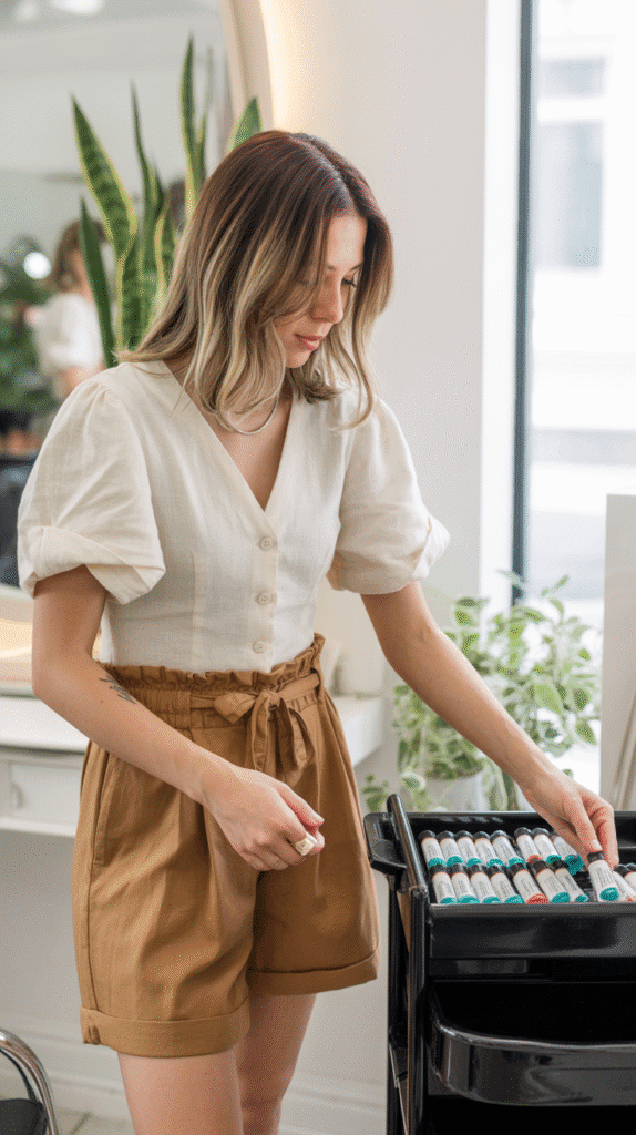 34 Breezy Summer Hairstylist Outfits for Work 15 Cotton Paperbag Shorts with Linen Blend Top