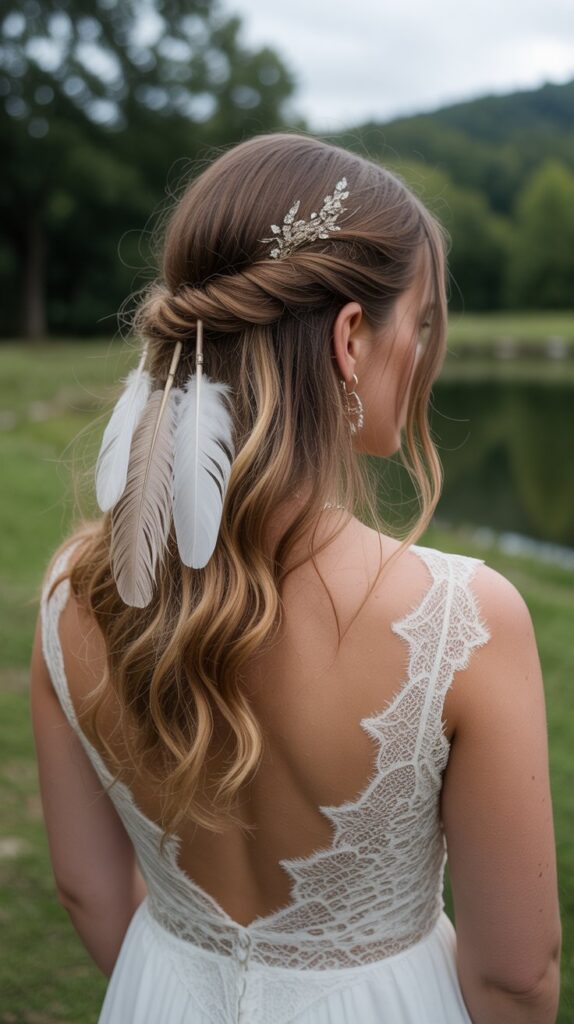 33 Best Half-Up, Half-Down Bridal Hairstyles 33 Half-Up with Feather Accent