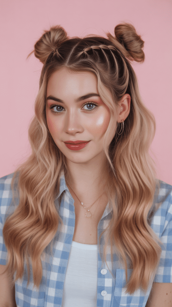 30 Winter Hair Braids Inspired by Aespa 9 Half-Up Space Buns with Braided Base