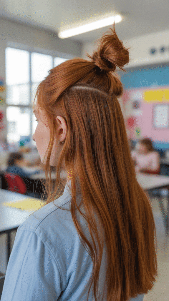 27 Cute Winter Hairstyles for School 4 Half-Up Top Knot