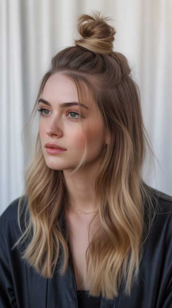 30 Easy and Quick Greasy Hair Hairstyles 7 Half-Up Top Knot