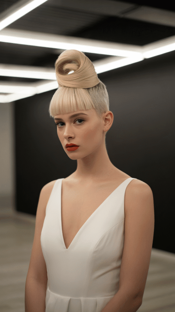 30+ Classy Bridesmaid Updo Hairstyles with Bangs 28 Sleek Wrap-Around Updo with Micro Bangs