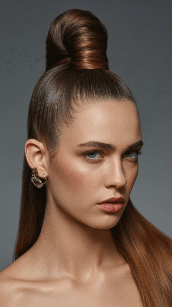 Top 27+ Slimming Hairstyles For Round Faces to Boost Confidence 23 Slicked-Back Ponytail with Height