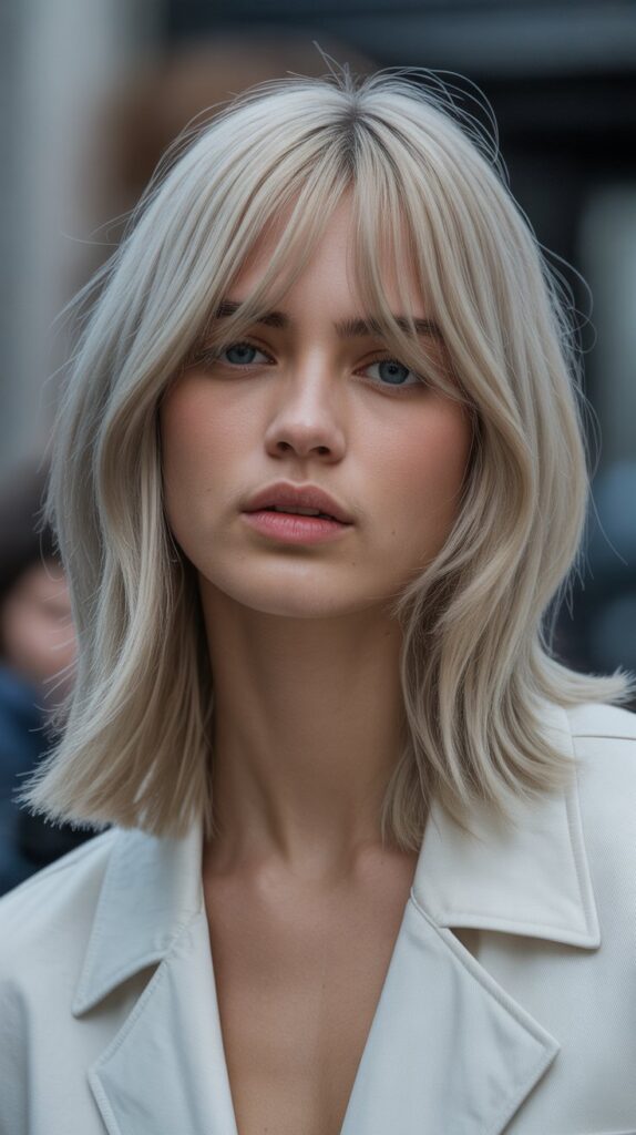  Long Bob with Curtain Bangs and Pearl or Ash Tones