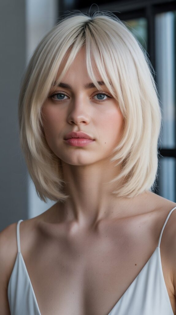 Sleek Platinum Long Bob with Curtain Bangs