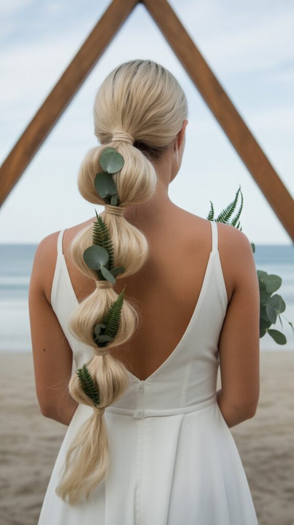 30+ Stunning Beach Wedding Hairstyles That Will Make Waves 17 Bubble Ponytail With Greenery
