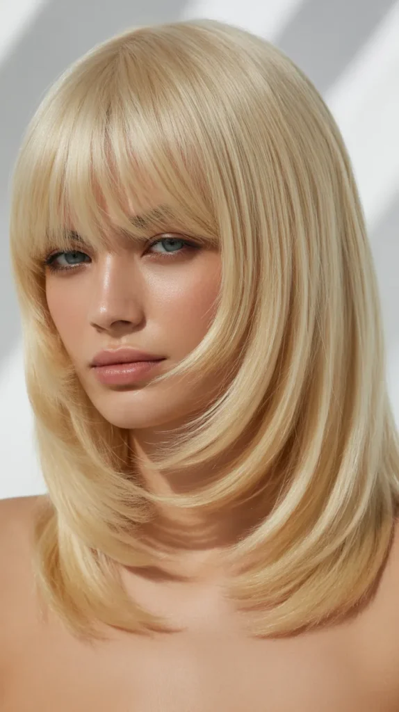 Long Bob with Curtain Bangs and Platinum Blonde Color